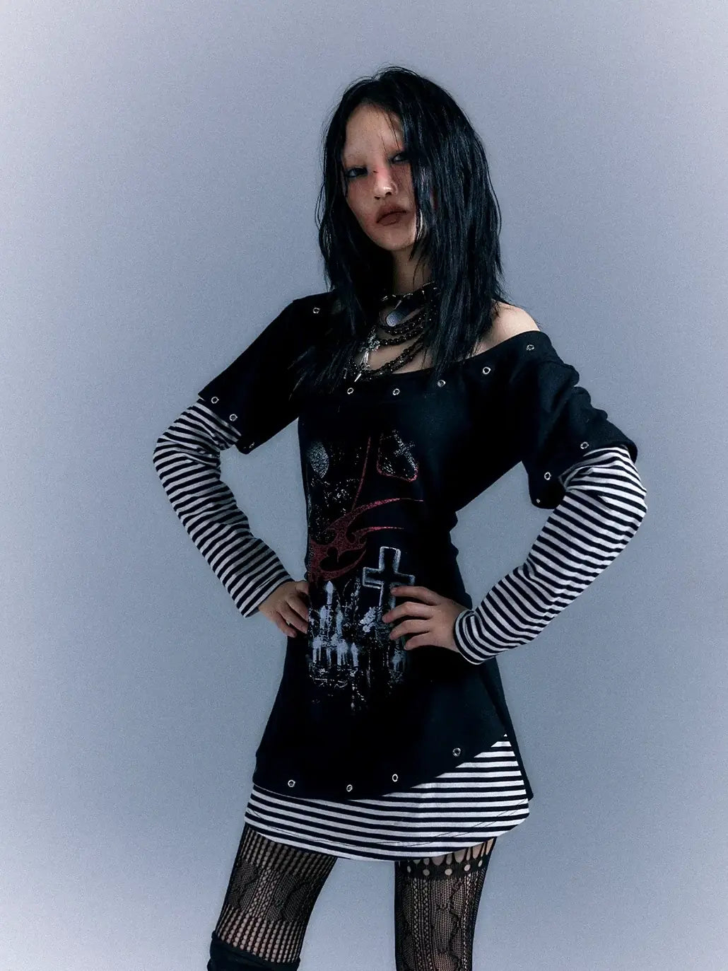 Frustration Garden Light Punk Stripe Print Fitted V-neck T-shirt Long-Sleeve Dress