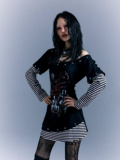 Frustration Garden Light Punk Stripe Print Fitted V-neck T-shirt Long-Sleeve Dress