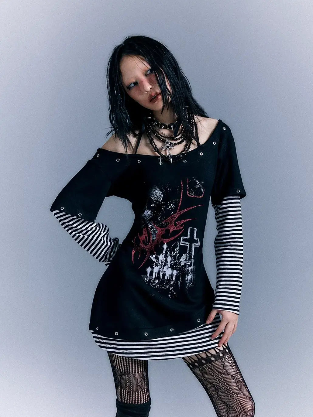 Frustration Garden Light Punk Stripe Print Fitted V-neck T-shirt Long-Sleeve Dress