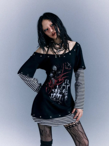 Frustration Garden Light Punk Stripe Print Fitted V-neck T-shirt Long-Sleeve Dress