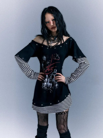 Frustration Garden Light Punk Stripe Print Fitted V-neck T-shirt Long-Sleeve Dress