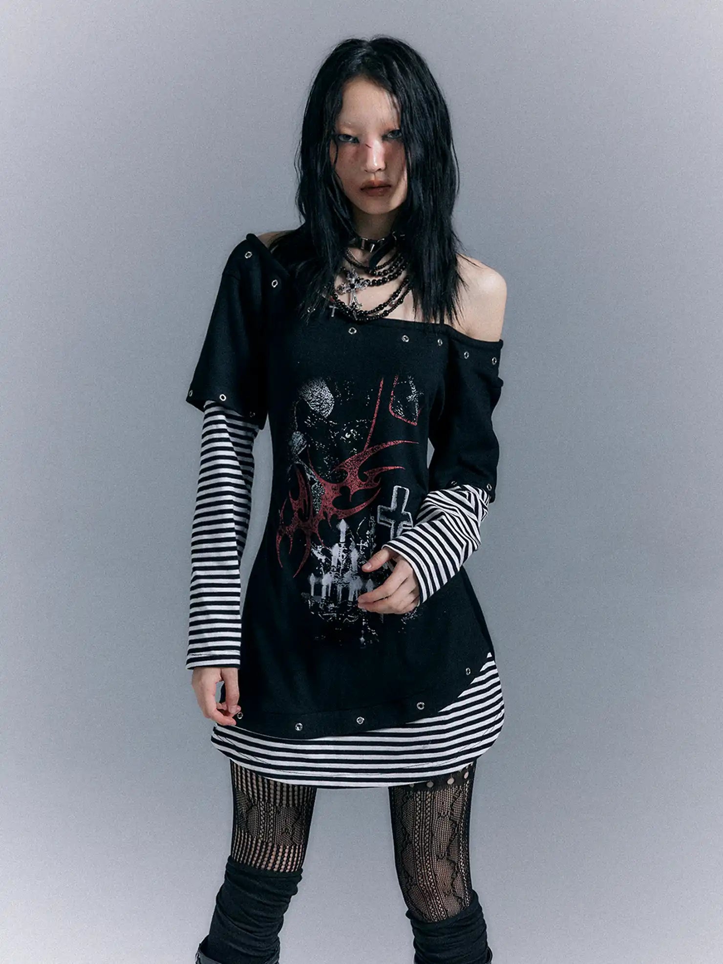 Frustration Garden Light Punk Stripe Print Fitted V-neck T-shirt Long-Sleeve Dress