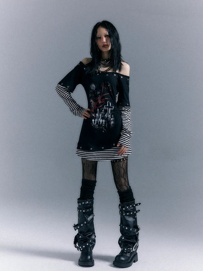 Frustration Garden Light Punk Stripe Print Fitted V-neck T-shirt Long-Sleeve Dress