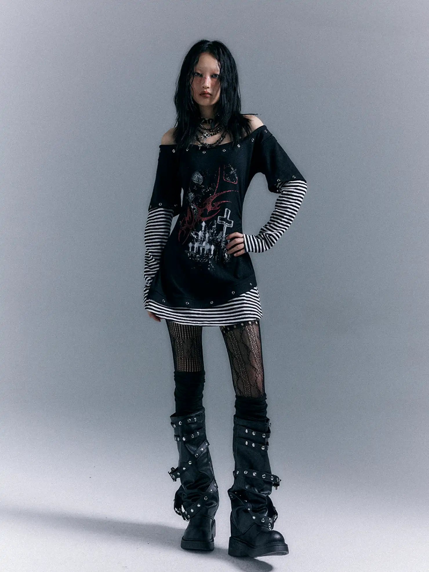 Frustration Garden Light Punk Stripe Print Fitted V-neck T-shirt Long-Sleeve Dress