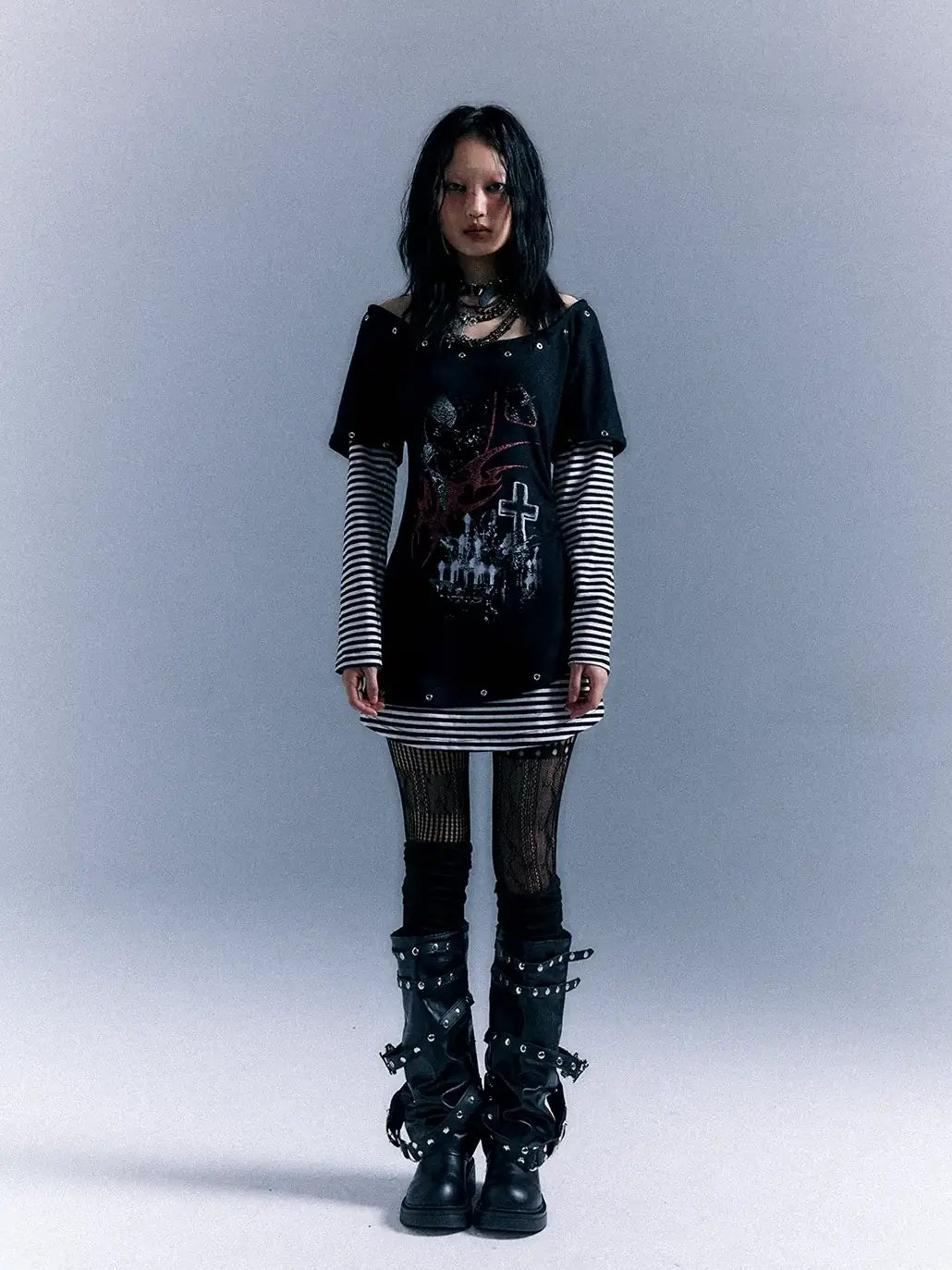 Frustration Garden Light Punk Stripe Print Fitted V-neck T-shirt Long-Sleeve Dress