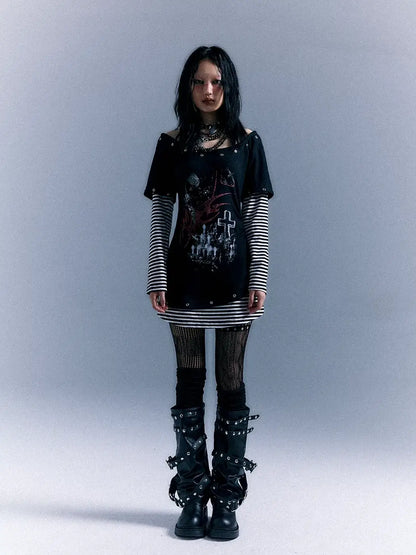 Frustration Garden Light Punk Stripe Print Fitted V-neck T-shirt Long-Sleeve Dress