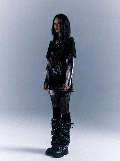 Frustration Garden Light Punk Stripe Print Fitted V-neck T-shirt Long-Sleeve Dress