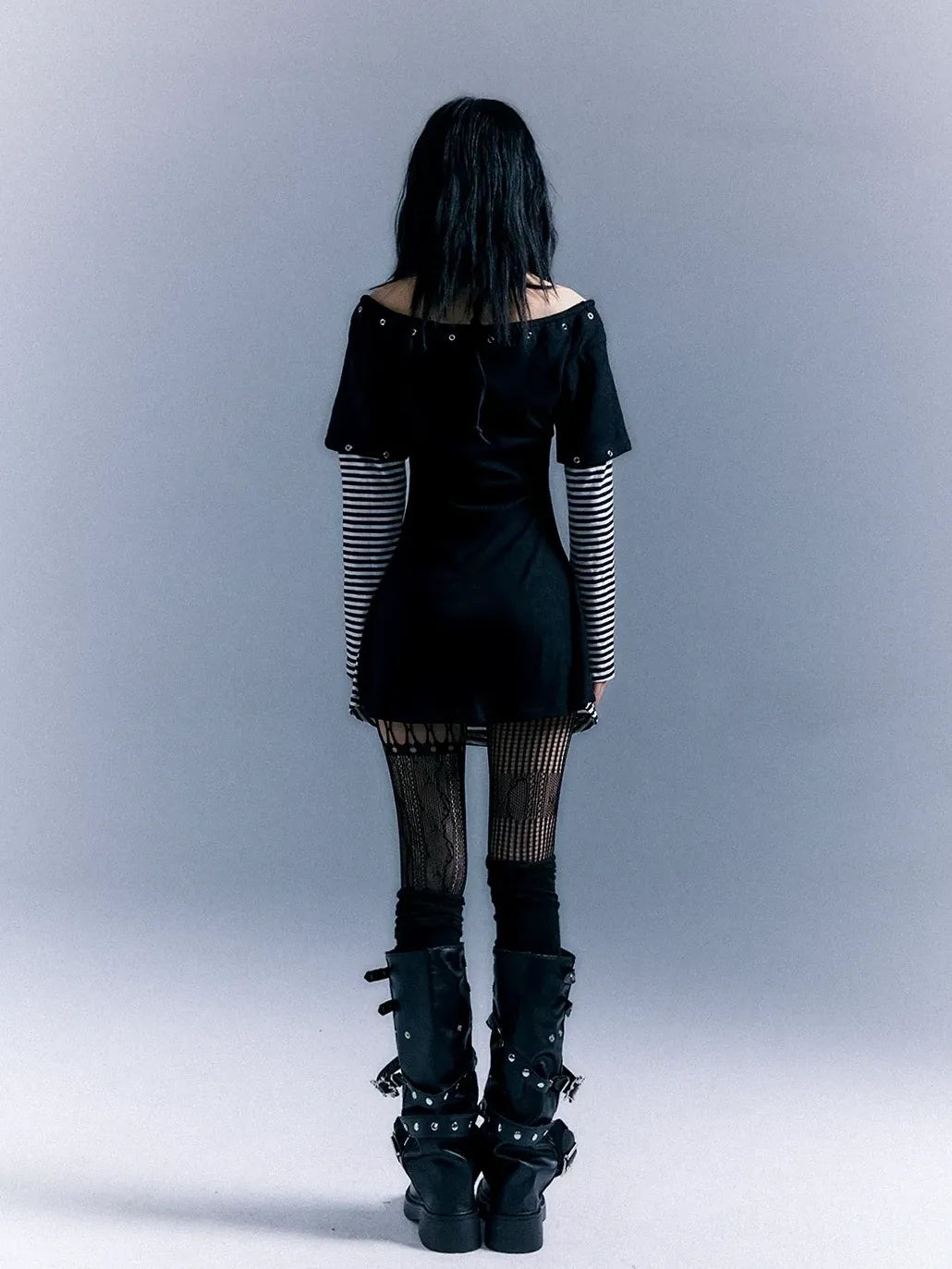 Frustration Garden Light Punk Stripe Print Fitted V-neck T-shirt Long-Sleeve Dress