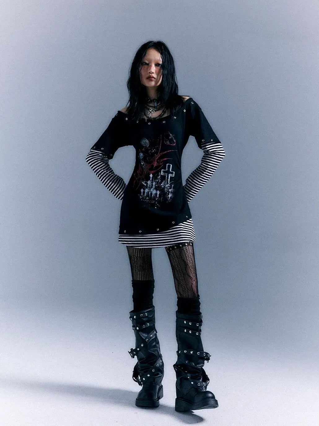 Frustration Garden Light Punk Stripe Print Fitted V-neck T-shirt Long-Sleeve Dress