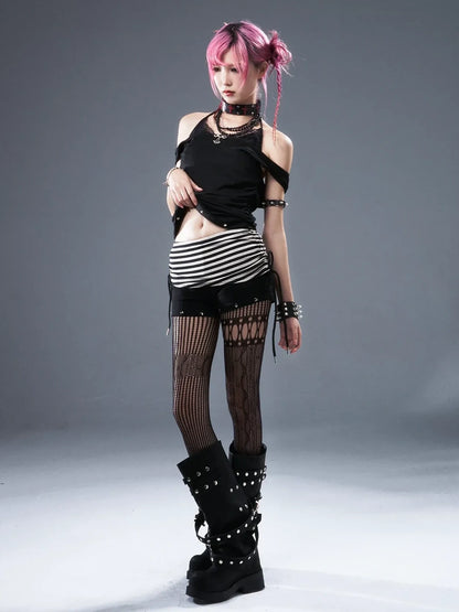 Frustration Garden Low Waist Ribbed Stripe Drawstring Punk Shorts