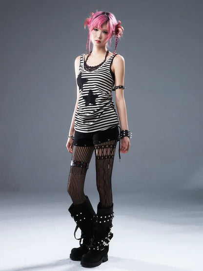 Frustration Garden Low Waist Ribbed Stripe Drawstring Punk Shorts