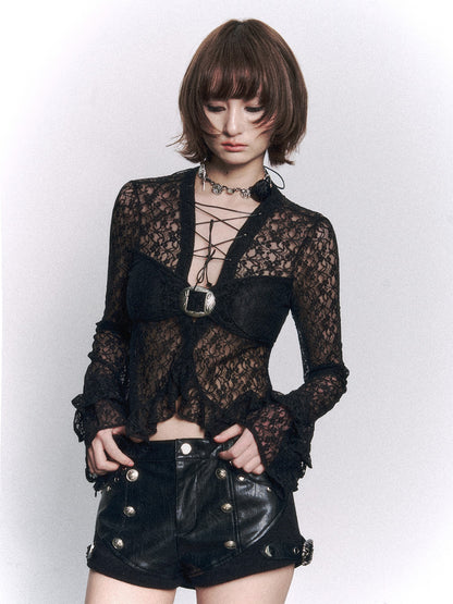 Frustration Garden Metal Button Knit Splice Punk Low Waist Slim Women&