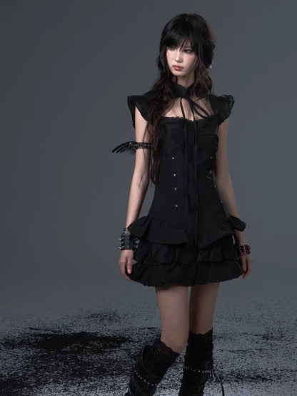 Frustration Garden Neo Chinese Punk Hollow Out Layered Mini Cake V-neck Dress