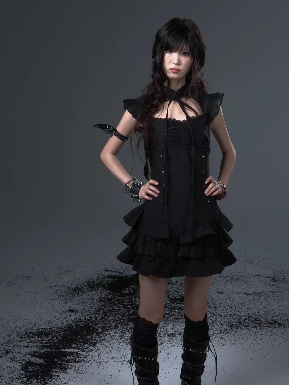 Frustration Garden Neo Chinese Punk Hollow Out Layered Mini Cake V-neck Dress