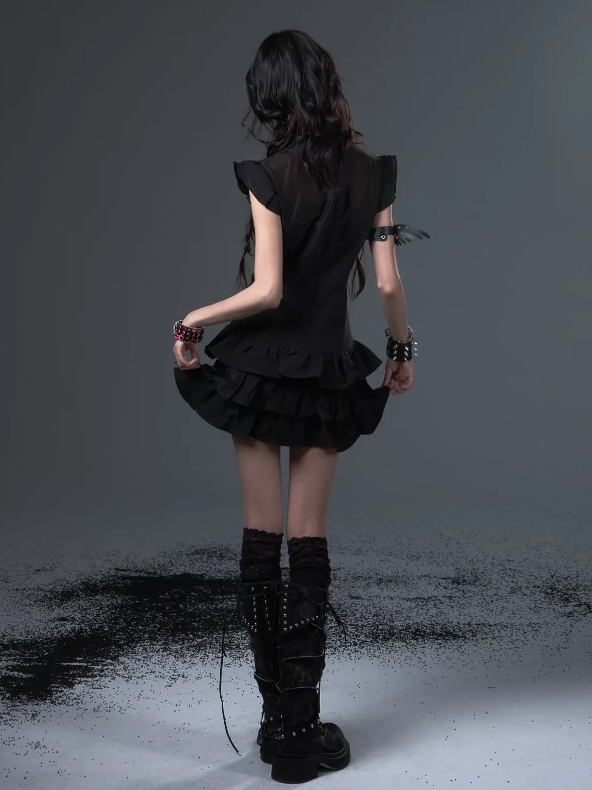 Frustration Garden Neo Chinese Punk Hollow Out Layered Mini Cake V-neck Dress