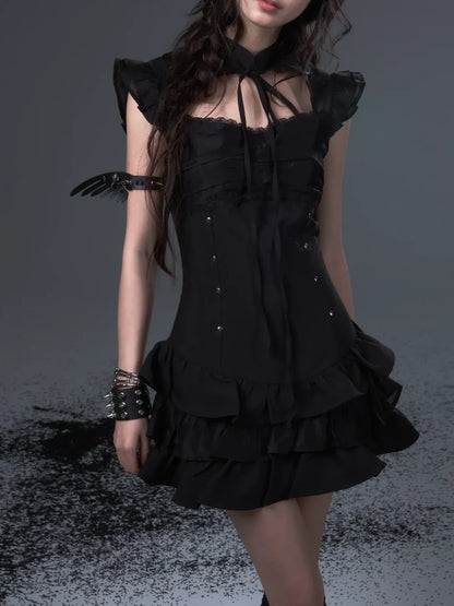 Frustration Garden Neo Chinese Punk Hollow Out Layered Mini Cake V-neck Dress