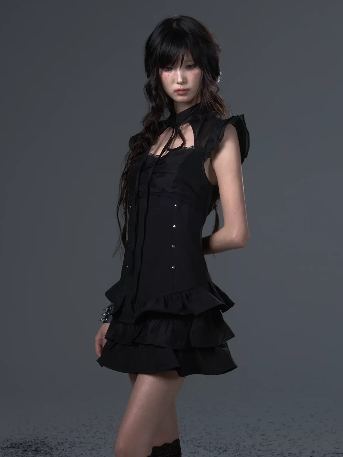 Frustration Garden Neo Chinese Punk Hollow Out Layered Mini Cake V-neck Dress