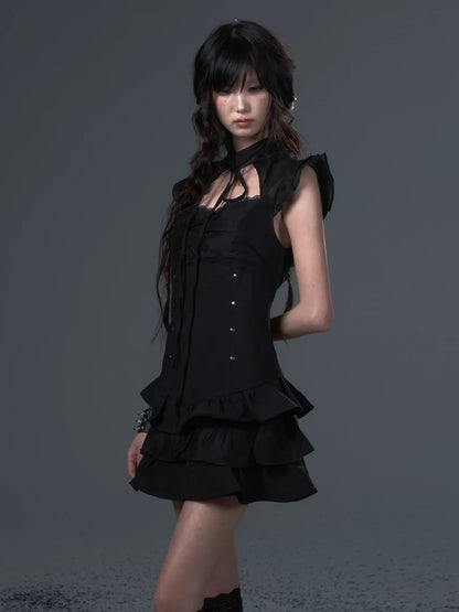 Frustration Garden Neo Chinese Punk Hollow Out Layered Mini Cake V-neck Dress