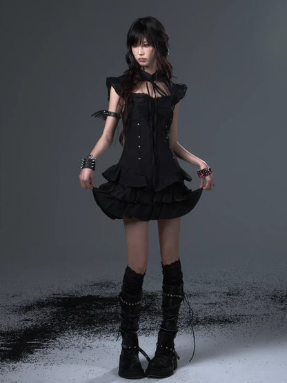 Frustration Garden Neo Chinese Punk Hollow Out Layered Mini Cake V-neck Dress