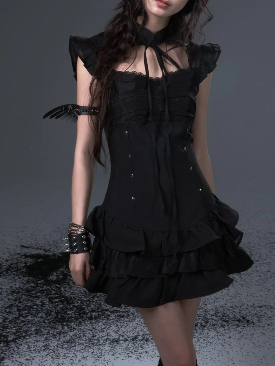 Frustration Garden Neo Chinese Punk Hollow Out Layered Mini Cake V-neck Dress