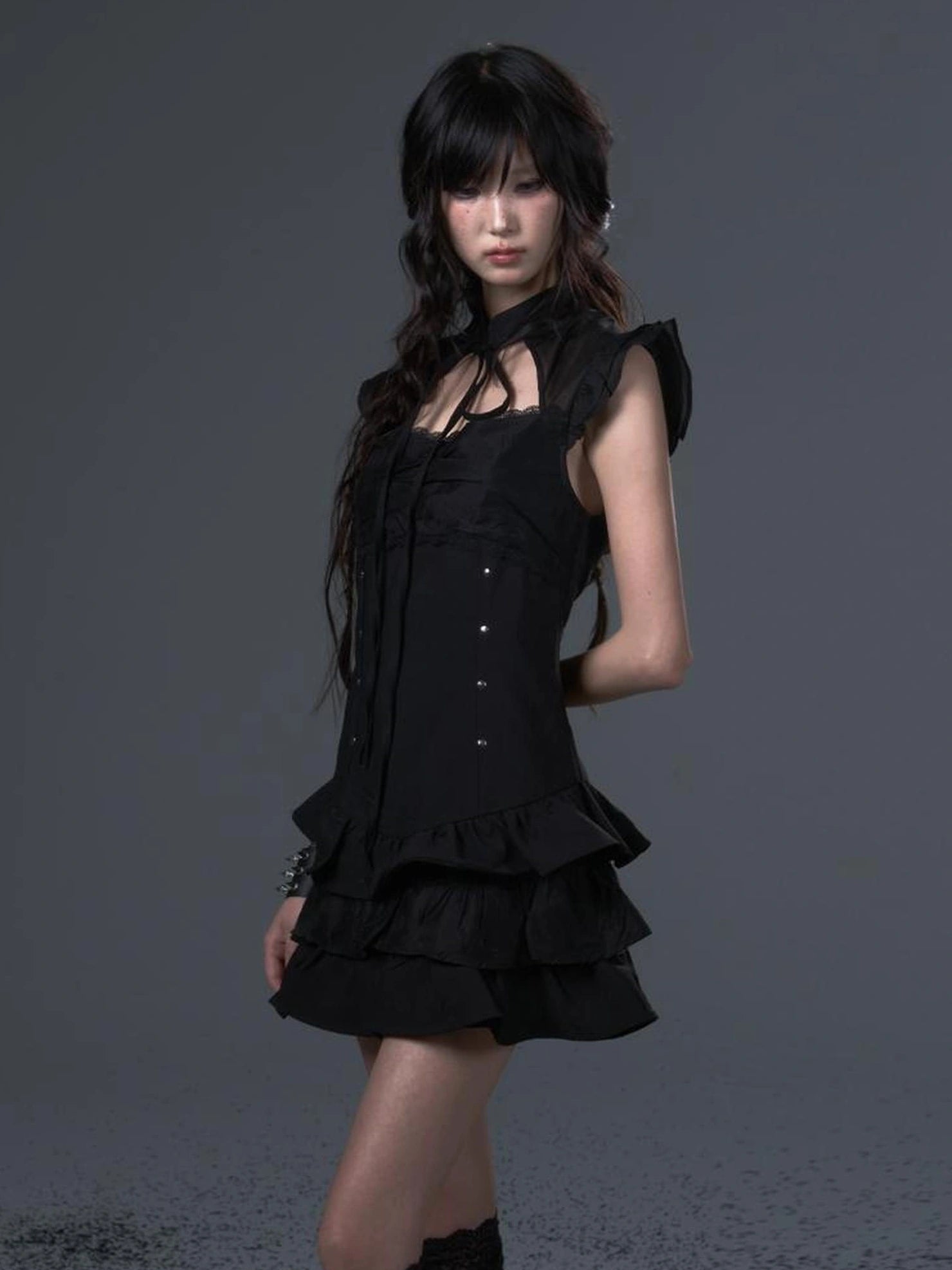 Frustration Garden Neo Chinese Punk Hollow Out Layered Mini Cake V-neck Dress