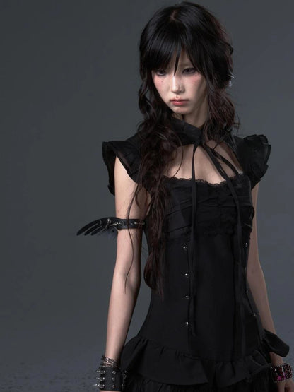 Frustration Garden Neo Chinese Punk Hollow Out Layered Mini Cake V-neck Dress