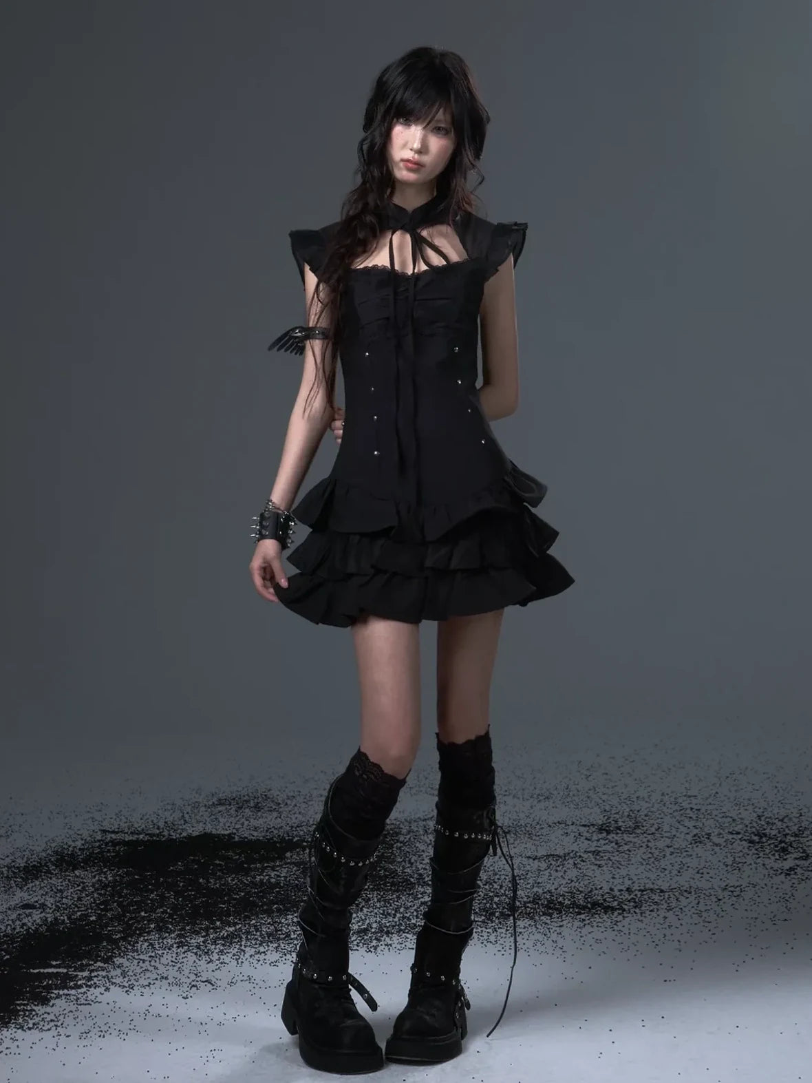 Frustration Garden Neo Chinese Punk Hollow Out Layered Mini Cake V-neck Dress