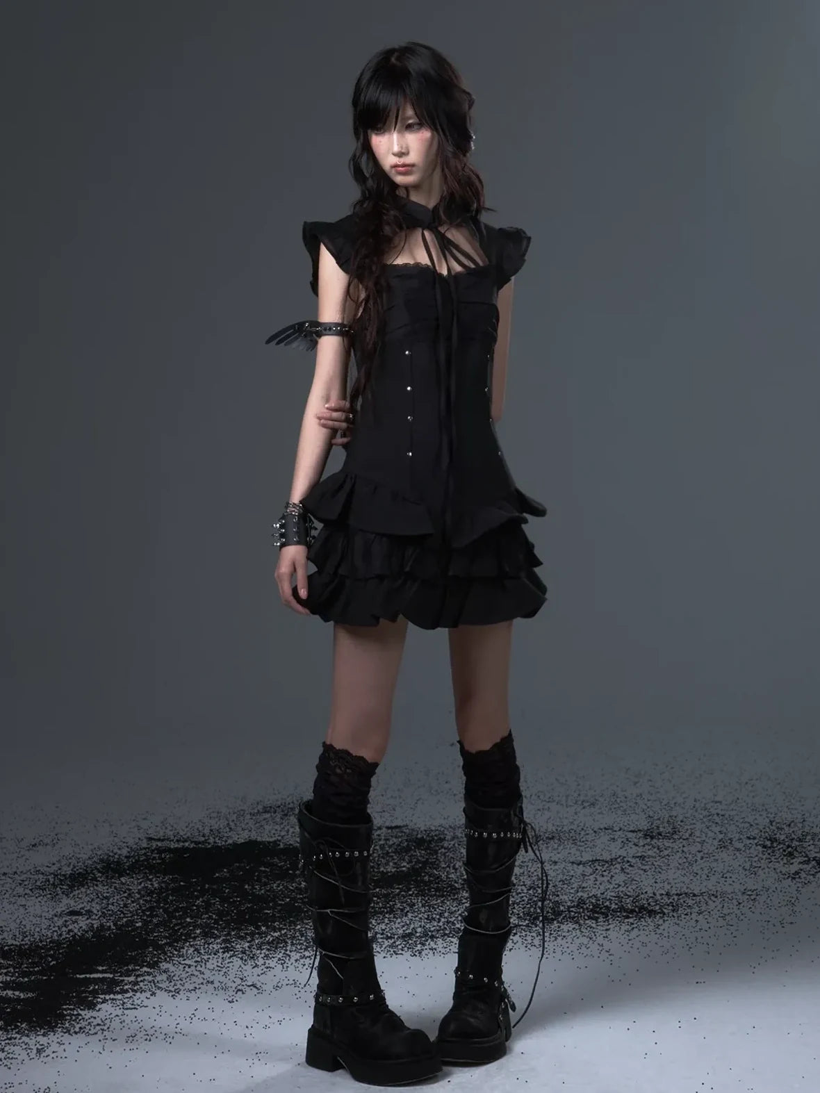 Frustration Garden Neo Chinese Punk Hollow Out Layered Mini Cake V-neck Dress