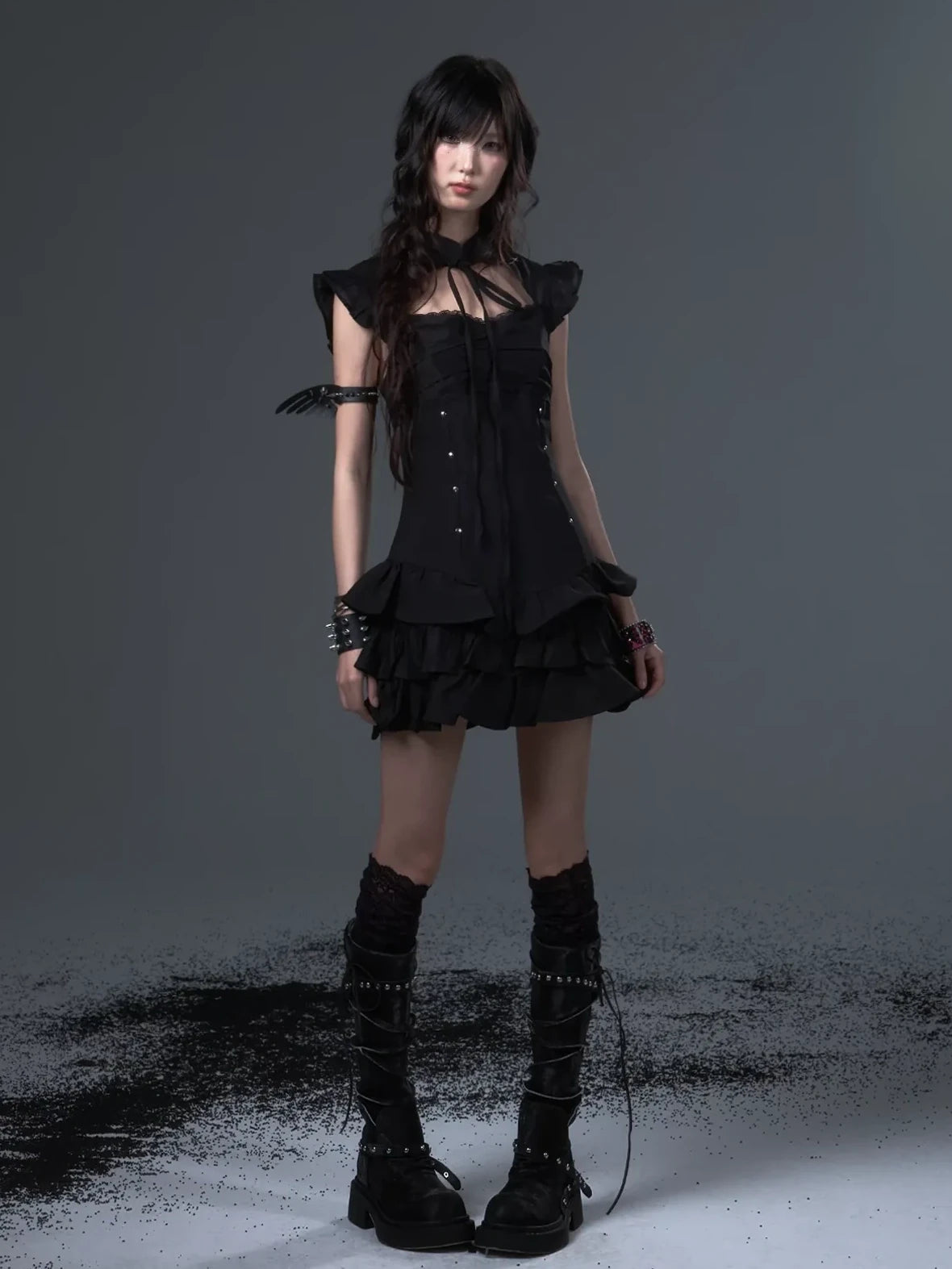 Frustration Garden Neo Chinese Punk Hollow Out Layered Mini Cake V-neck Dress