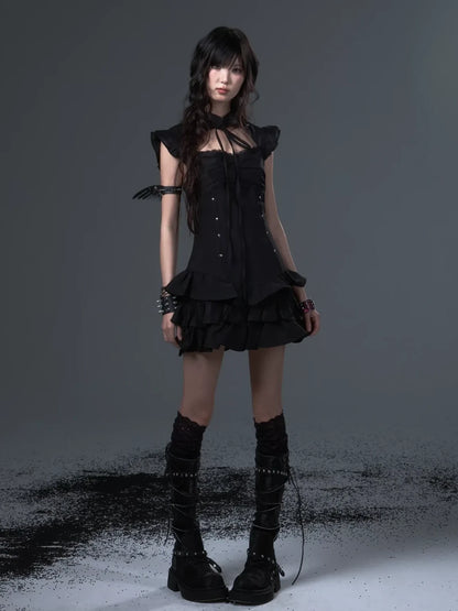 Frustration Garden Neo Chinese Punk Hollow Out Layered Mini Cake V-neck Dress