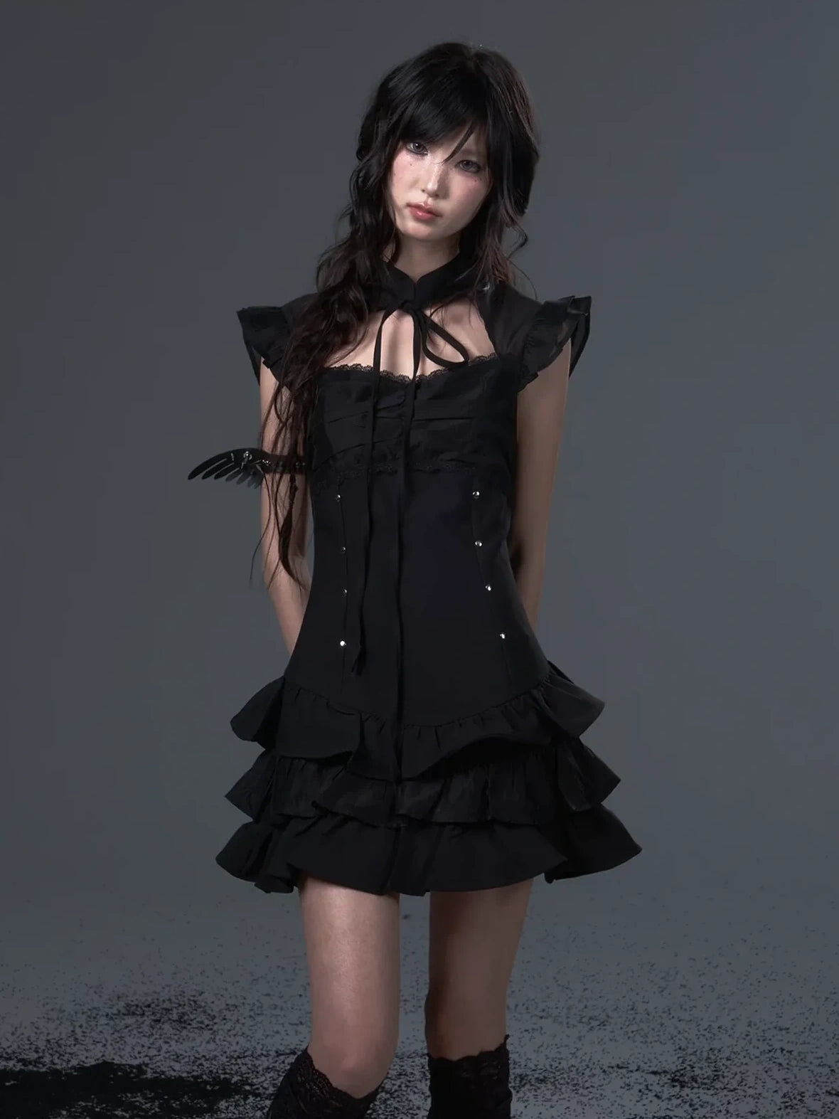 Frustration Garden Neo Chinese Punk Hollow Out Layered Mini Cake V-neck Dress