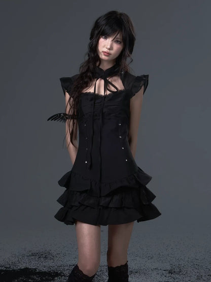 Frustration Garden Neo Chinese Punk Hollow Out Layered Mini Cake V-neck Dress