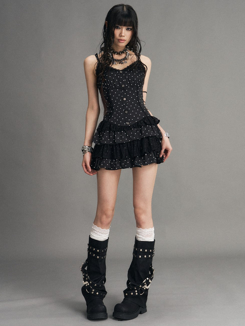 Frustration Garden Polka Dot Vintage Lace Spliced Tie Waist Women&