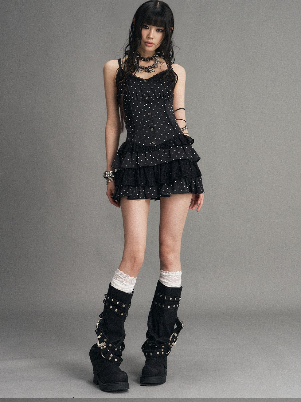 Frustration Garden Polka Dot Vintage Lace Spliced Tie Waist Women&