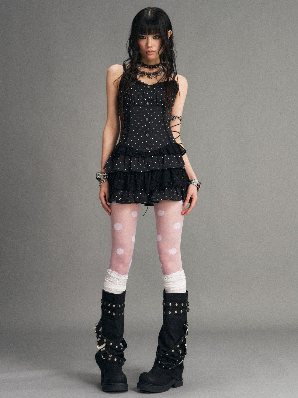 Frustration Garden Polka Dot Vintage Lace Spliced Tie Waist Women&