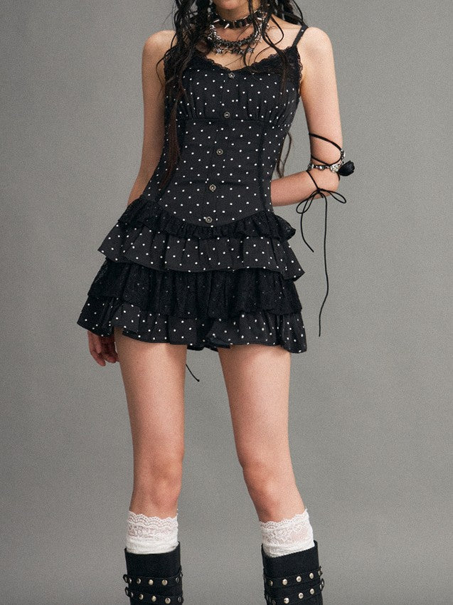 Frustration Garden Polka Dot Vintage Lace Spliced Tie Waist Women&
