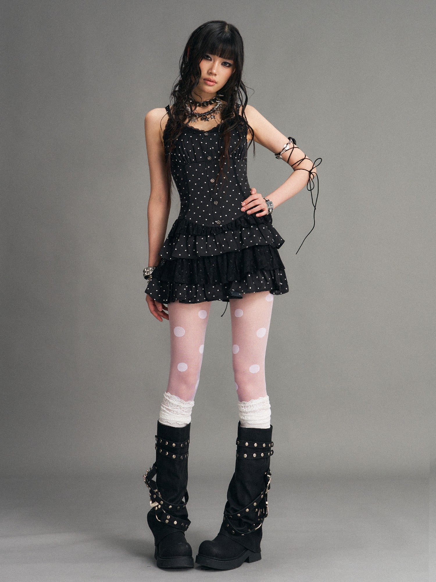 Frustration Garden Polka Dot Vintage Lace Spliced Tie Waist Women&