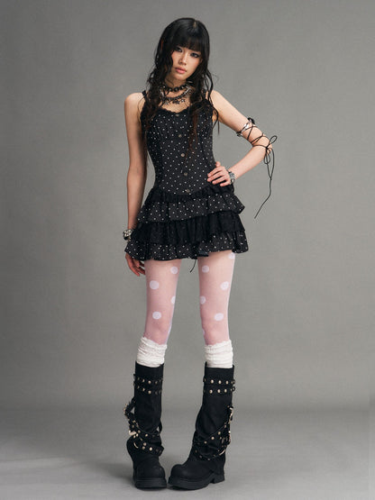 Frustration Garden Polka Dot Vintage Lace Spliced Tie Waist Women&