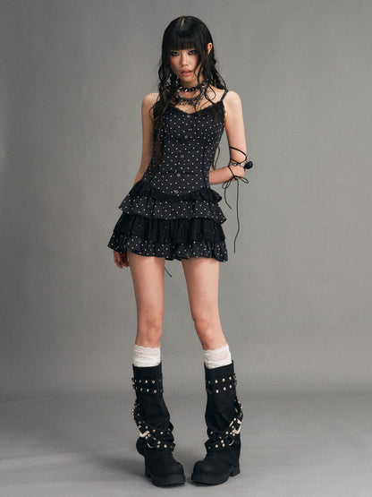 Frustration Garden Polka Dot Vintage Lace Spliced Tie Waist Women&