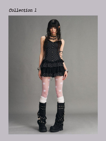 Frustration Garden Polka Dot Vintage Lace Spliced Tie Waist Women&