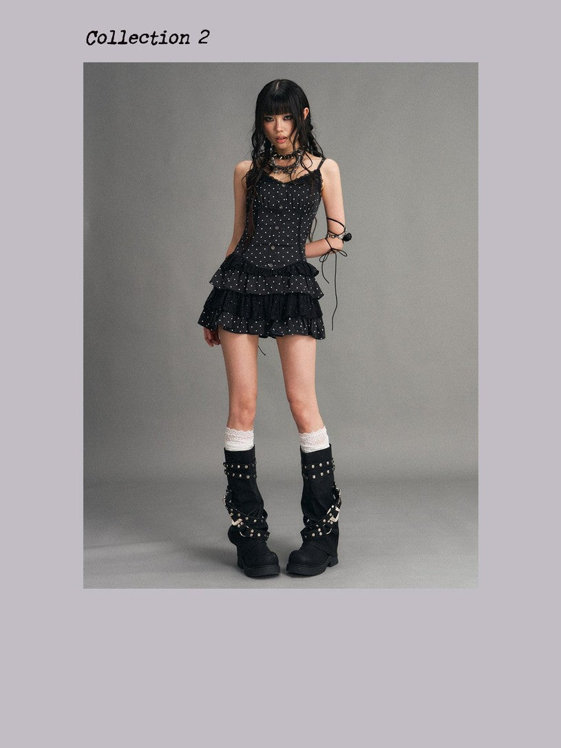 Frustration Garden Polka Dot Vintage Lace Spliced Tie Waist Women&