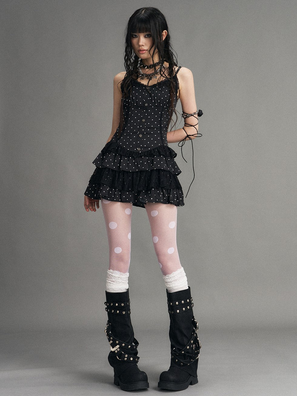 Frustration Garden Polka Dot Vintage Lace Spliced Tie Waist Women&