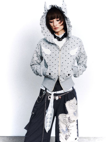 Frustration Garden Polka Dot Wing Applique Double Zipper Lace Trim Women&