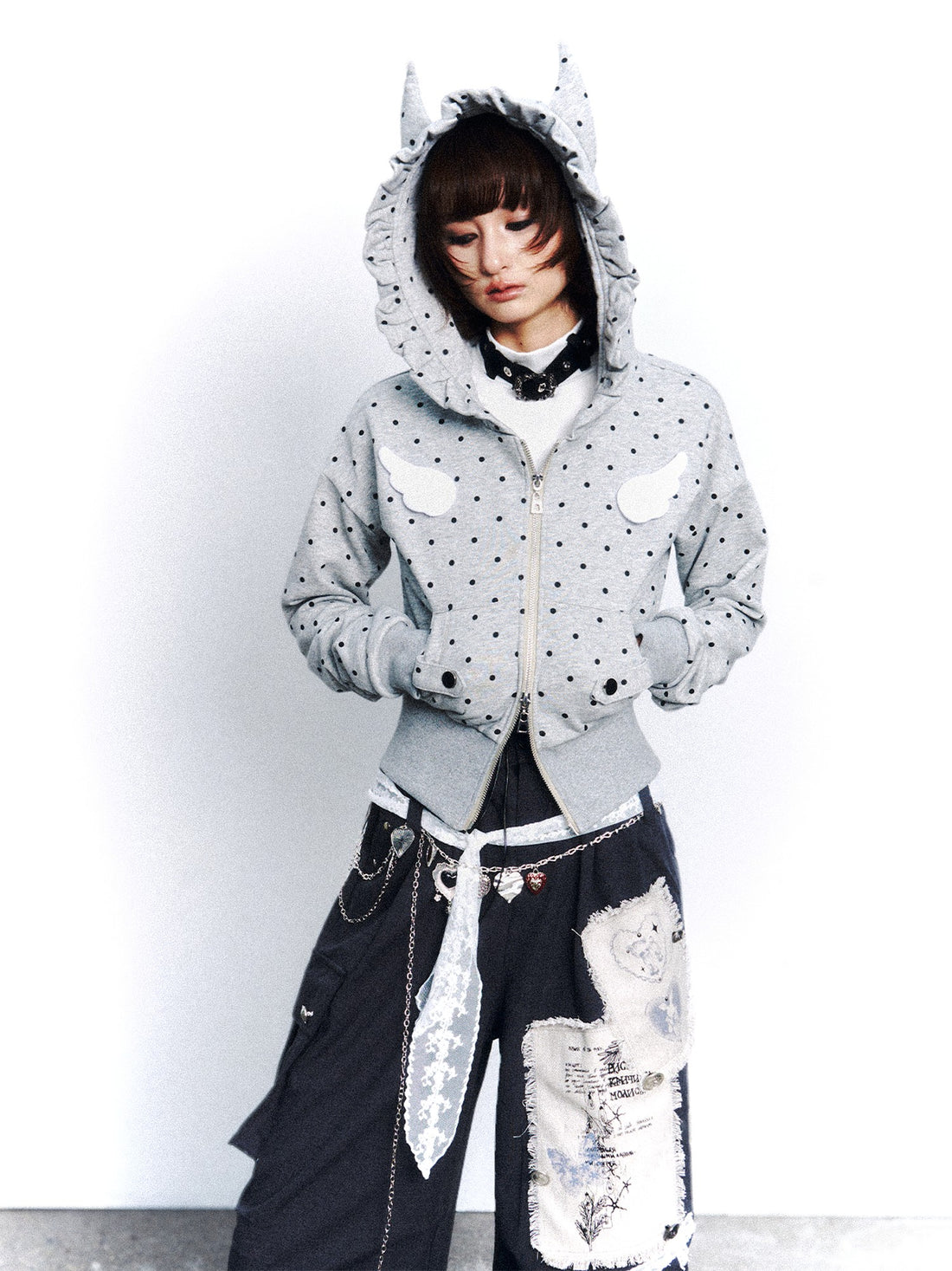 Frustration Garden Polka Dot Wing Applique Double Zipper Lace Trim Women&