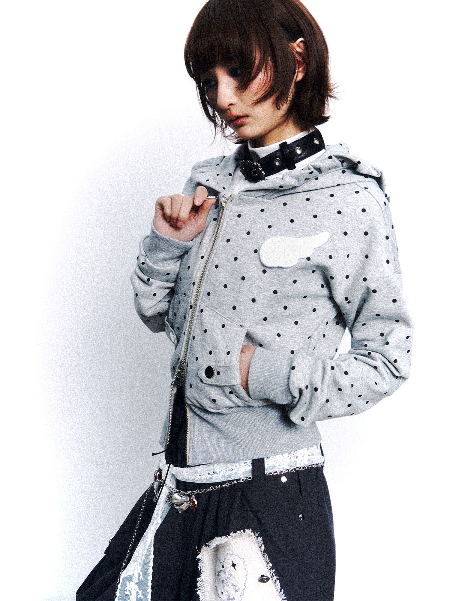 Frustration Garden Polka Dot Wing Applique Double Zipper Lace Trim Women&