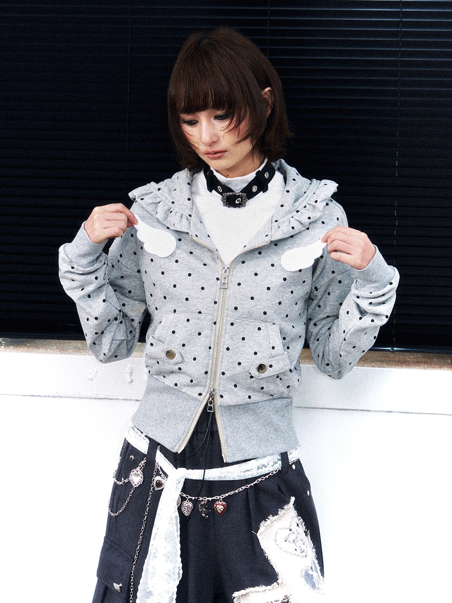Frustration Garden Polka Dot Wing Applique Double Zipper Lace Trim Women&