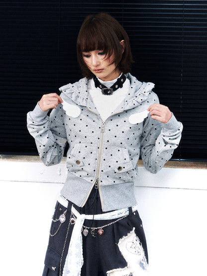 Frustration Garden Polka Dot Wing Applique Double Zipper Lace Trim Women&