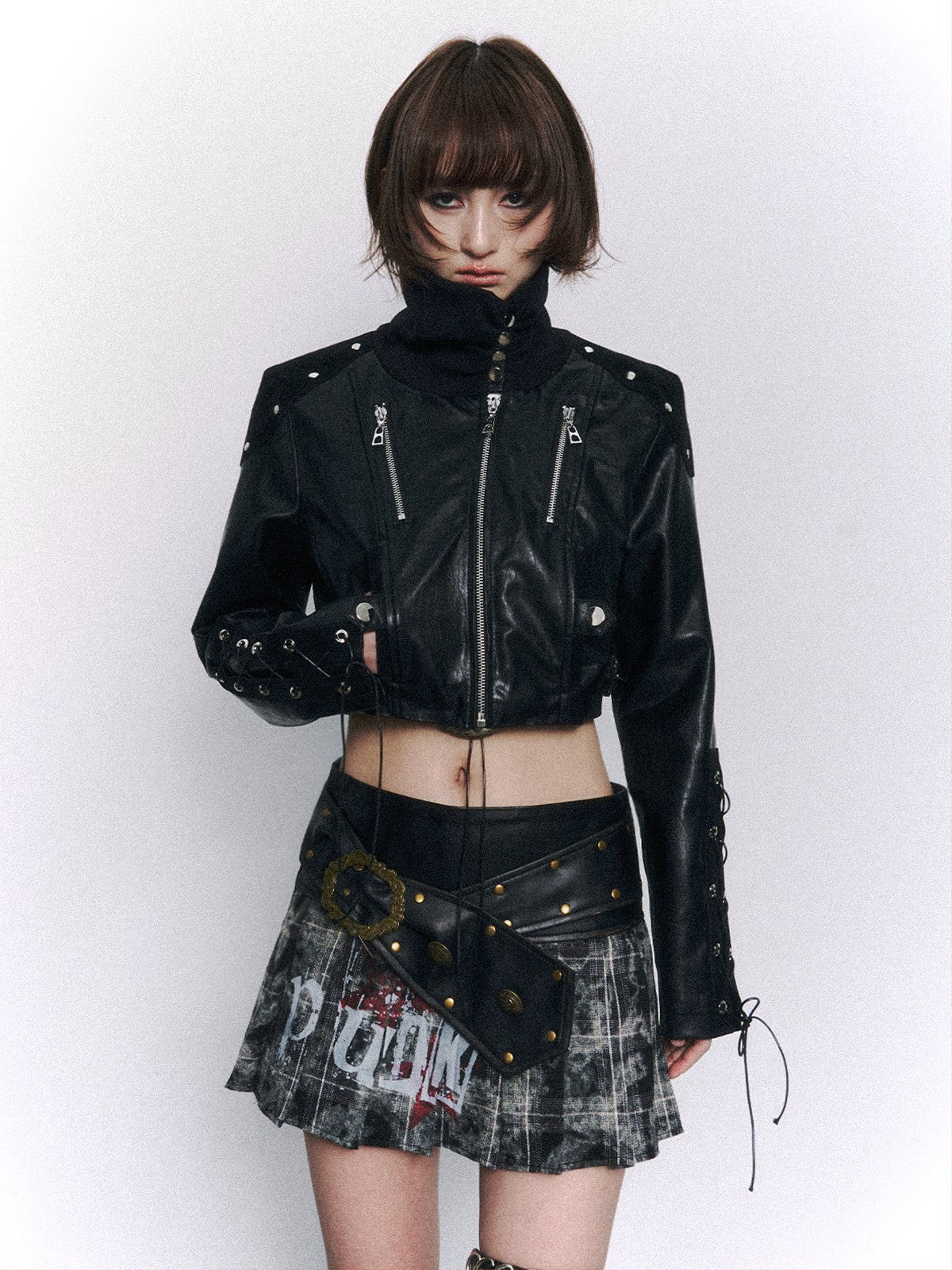 Frustration_Garden_Punk_Cowl_Neck_Tie_Patchwork_Slim_Short_Shiny_Women&