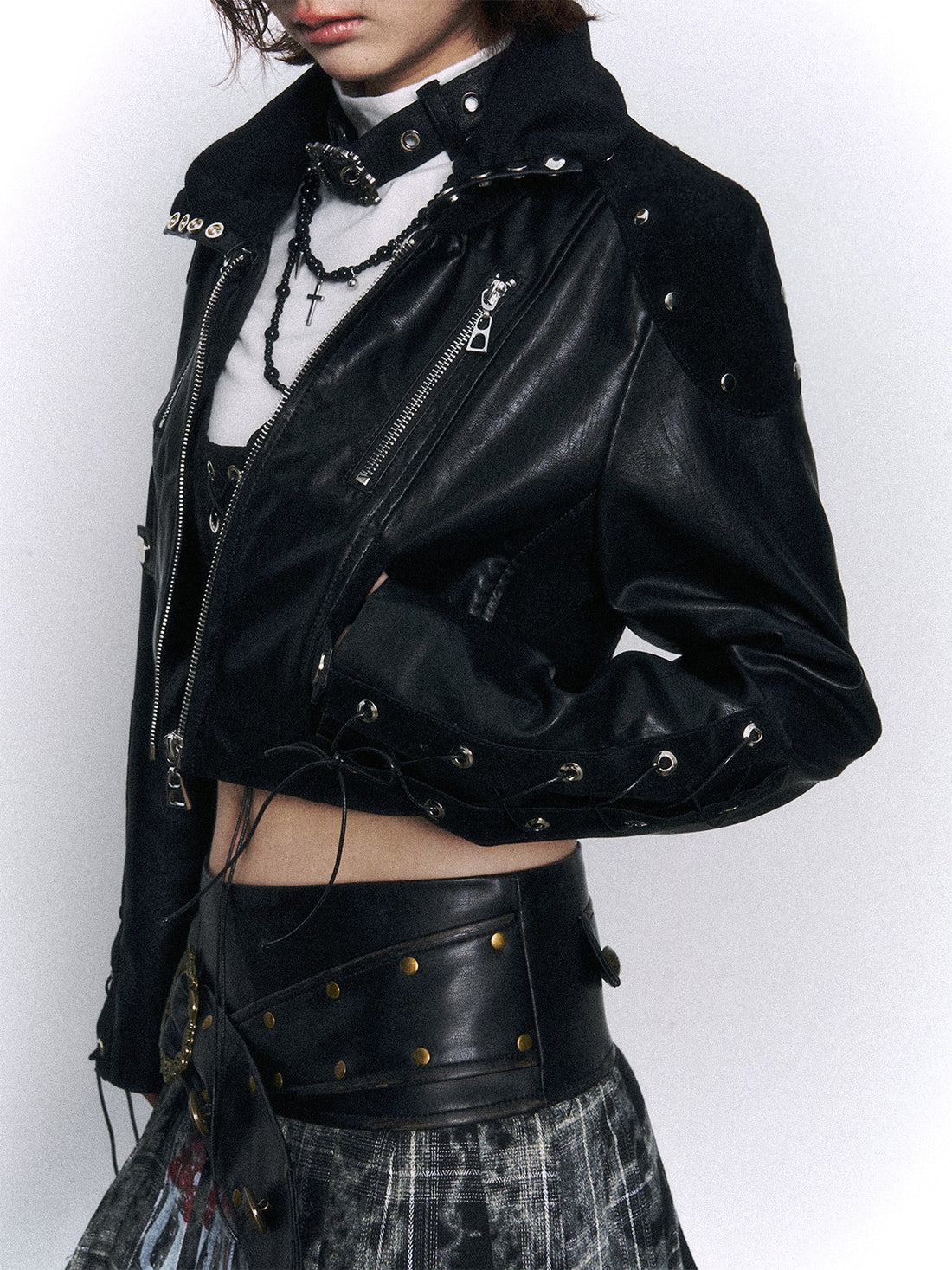 Frustration Garden Punk Cowl Neck Tie Patchwork Slim Short Shiny Women&