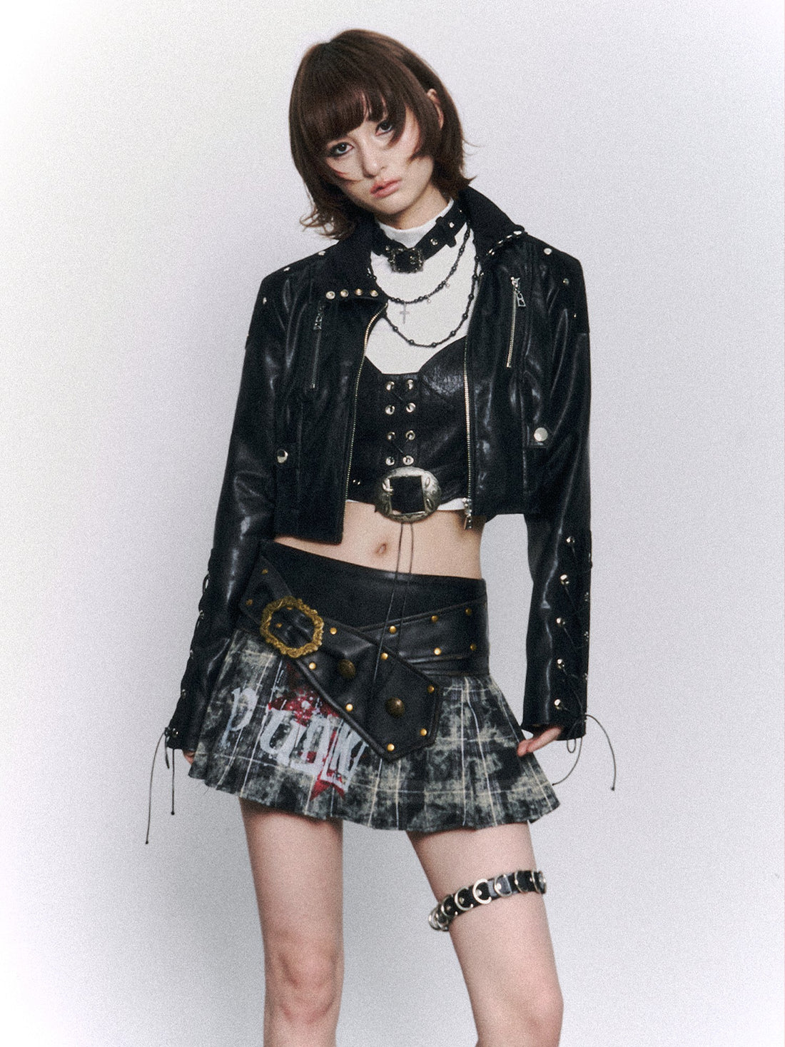 Frustration Garden Punk Cowl Neck Tie Patchwork Slim Short Shiny Women&